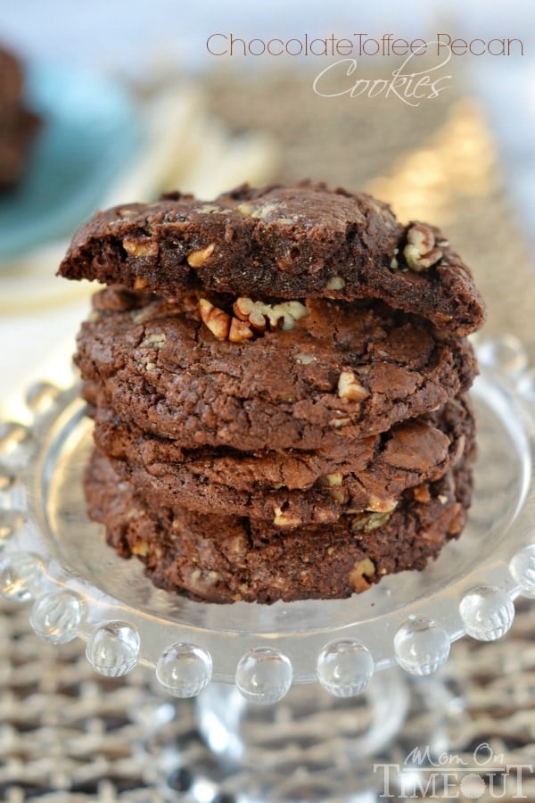 Unbelievably rich and fudgy, these bakery-style Chocolate Toffee Pecan Cookies are a chocolate lover's dream! | MomOnTimeout.com