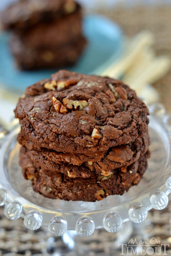 Unbelievably rich and fudgy, these bakery-style Chocolate Toffee Pecan Cookies are a chocolate lover's dream! | MomOnTimeout.com