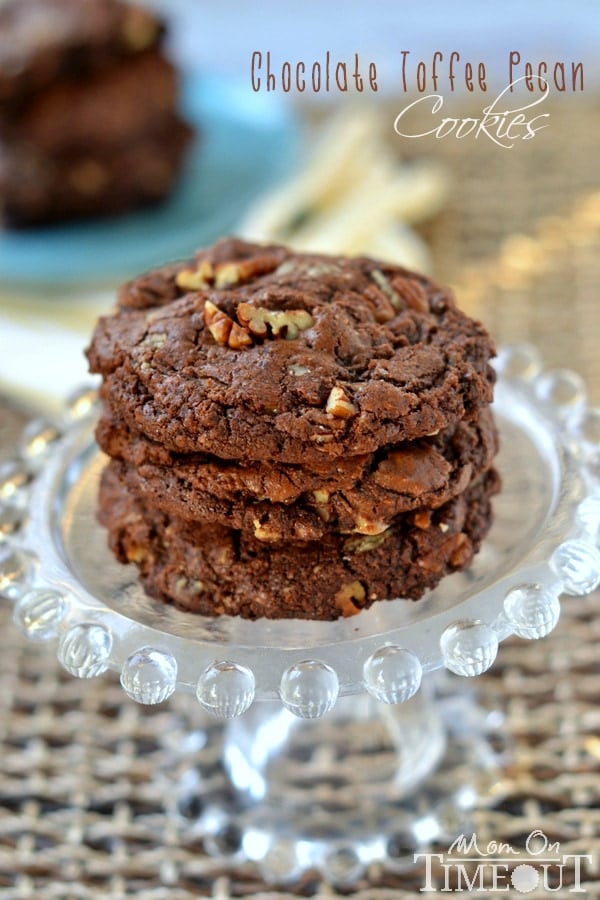 Unbelievably rich and fudgy, these bakery-style Chocolate Toffee Pecan Cookies are a chocolate lover's dream! | MomOnTimeout.com