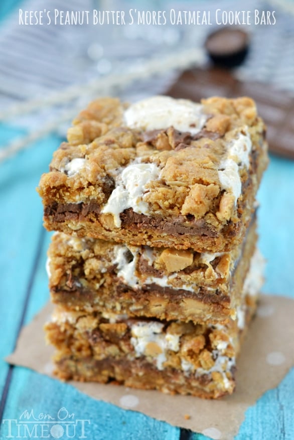 Reese's Peanut Butter S'mores Oatmeal Cookie Bars - total indulgence in each bite! | MomOnTimeout.com