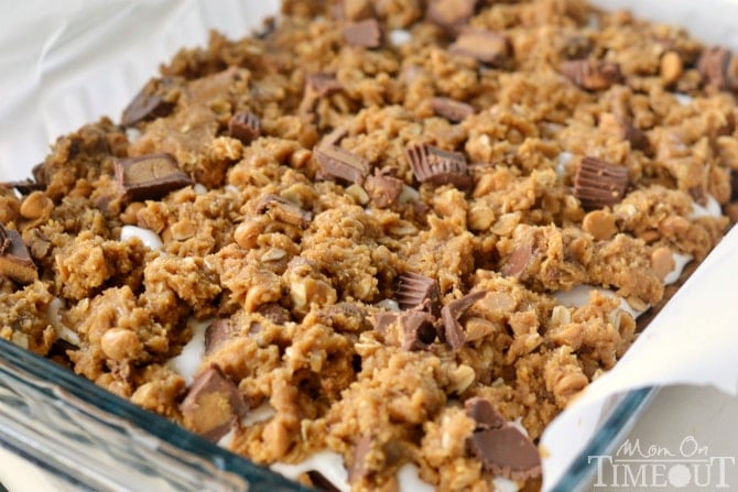 Reese's Peanut Butter S'mores Oatmeal Cookie Bars - total indulgence in each bite! | MomOnTimeout.com