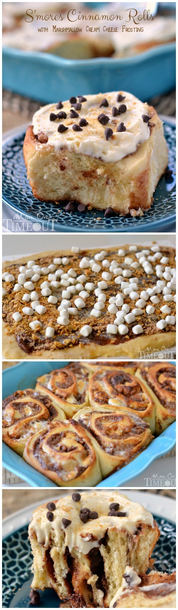 S'mores Cinnamon Rolls with Marshmallow Cream Cheese Frosting | MomOnTimeout.com #breakfast #recipe #smores