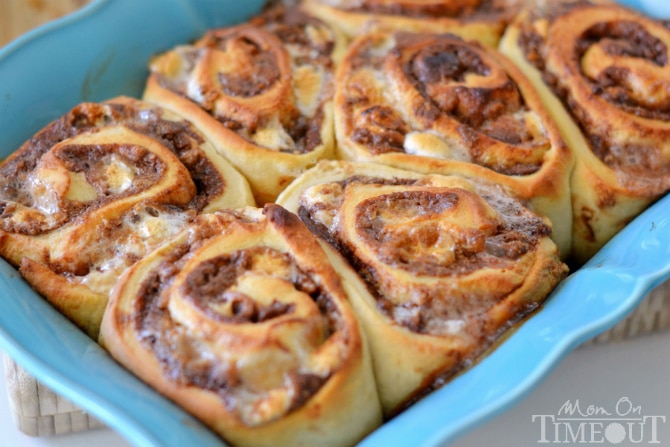 S'mores Cinnamon Rolls with Marshmallow Cream Cheese Frosting | MomOnTimeout.com #breakfast #recipe #smores