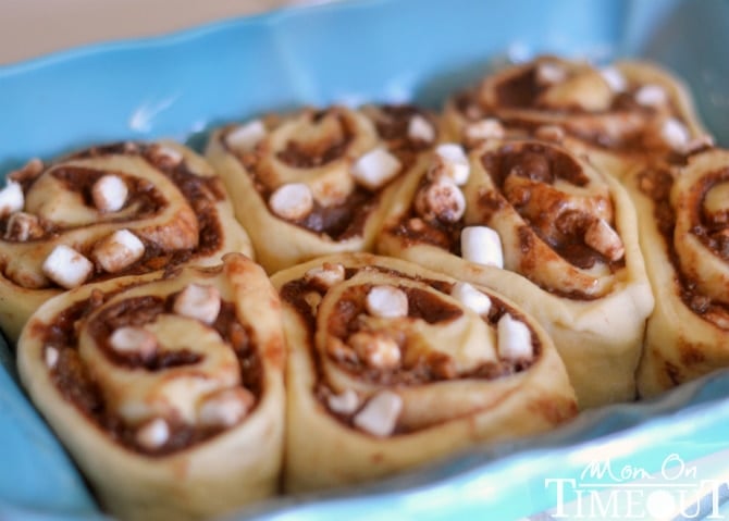 S'mores Cinnamon Rolls with Marshmallow Cream Cheese Frosting | MomOnTimeout.com #breakfast #recipe #smores