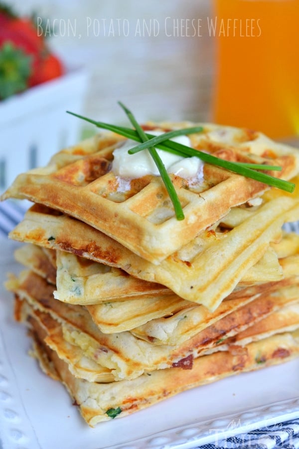 These freezer-friendly Bacon, Potato and Cheese Waffles make school mornings just a little bit easier and a lot more yummy! | MomOnTimeout.com | #breakfast #waffles #Challenge #sponsored
