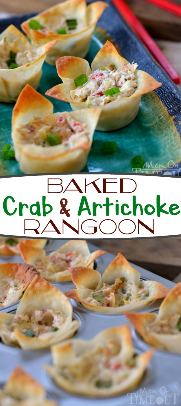 baked crab and artichoke rangoon made with cream cheese in wonton cups