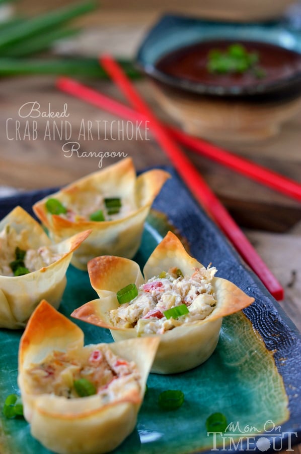 Baked Crab and Artichoke Rangoon made with cream cheese! | MomOnTimeout.com | #appetizer #recipe #crab