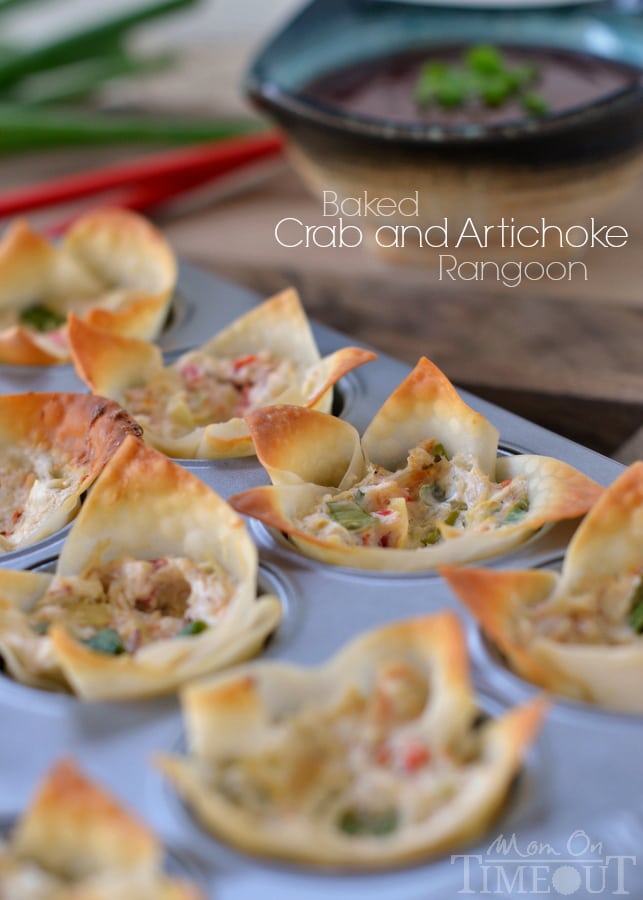 Baked Crab and Artichoke Rangoon made with cream cheese! | MomOnTimeout.com | #appetizer #recipe #crab