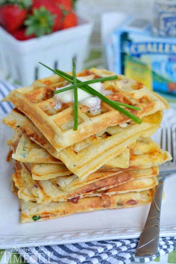 These freezer-friendly Bacon, Potato and Cheese Waffles make school mornings just a little bit easier and a lot more yummy! | MomOnTimeout.com | #breakfast #waffles #Challenge #sponsored