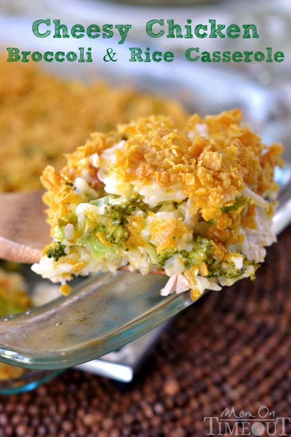 chicken broccoli rice casserole with cheese being served