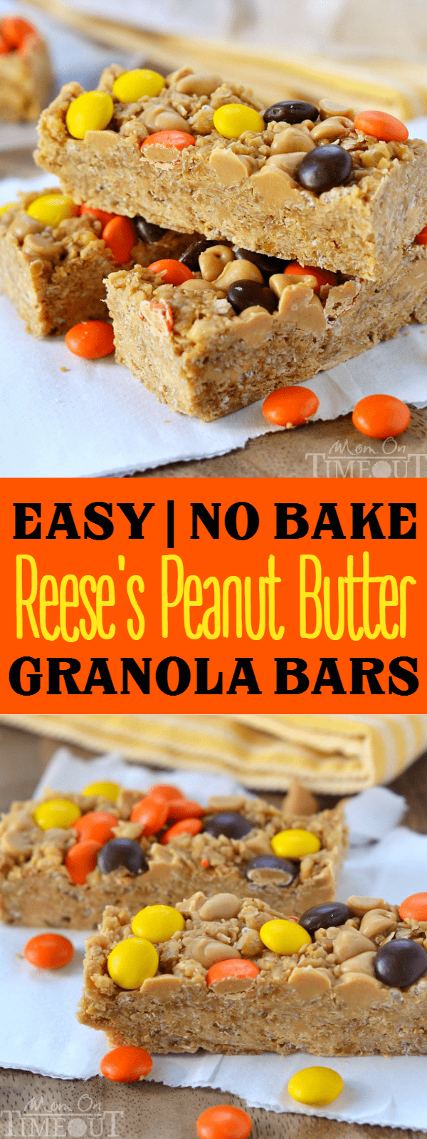 These easy no-bake Reese's Peanut Butter Granola Bars are hard to resist for kids and adults alike! Packed with delicious peanut butter flavor and topped with Reese's Pieces, these bars are truly eye candy! | MomOnTimeout.com