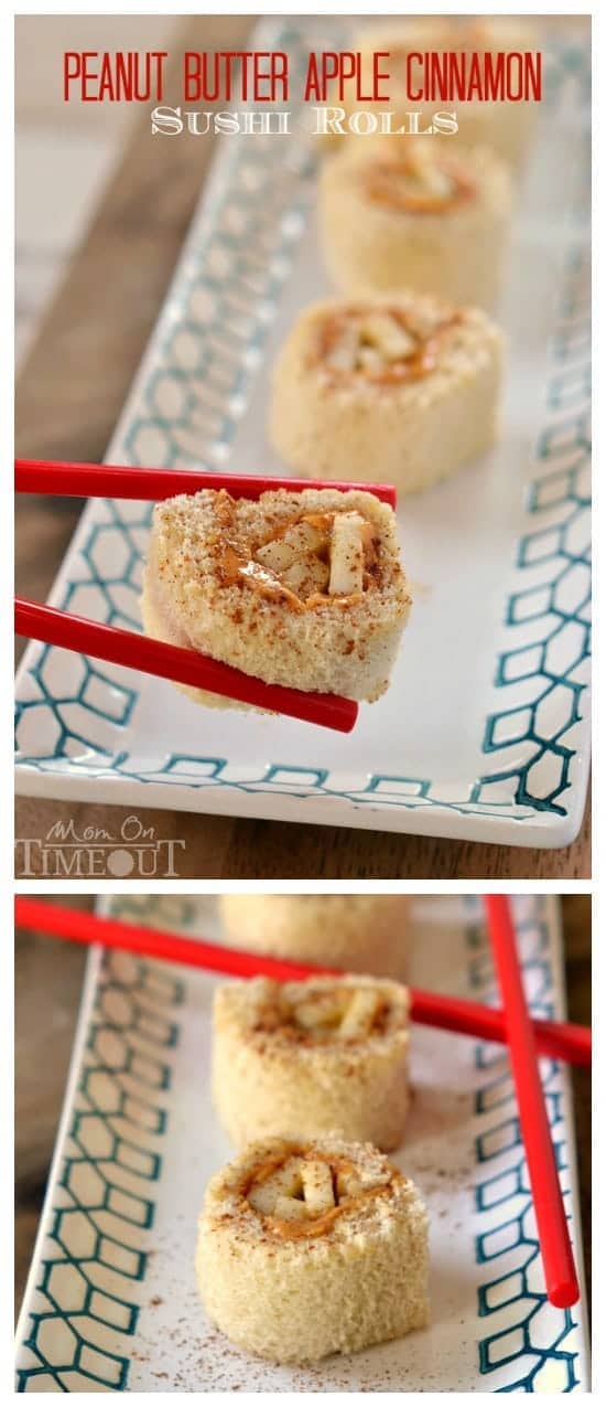 Peanut Butter Apple Cinnamon Sushi Rolls are the perfect snack or lunch for kids! | MomOnTimeout.com | #snack #lunch #recipe #peanutbutter