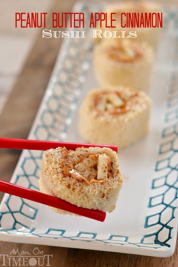 Peanut Butter Apple Cinnamon Sushi Rolls are the perfect snack or lunch for kids! | MomOnTimeout.com | #snack #lunch #recipe #peanutbutter