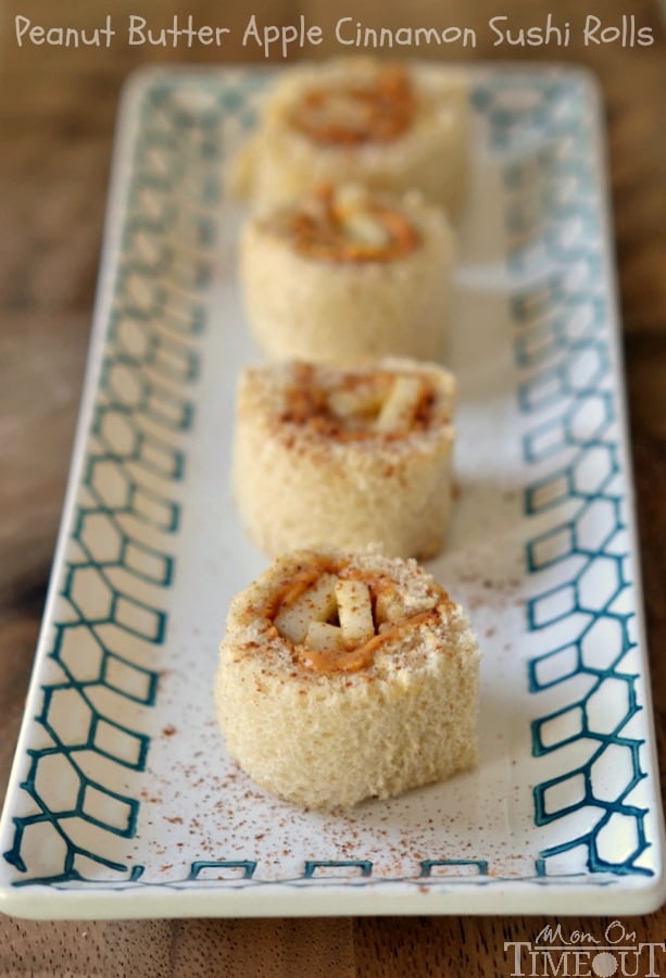 Peanut Butter Apple Cinnamon Sushi Rolls are the perfect snack or lunch for kids! | MomOnTimeout.com | #snack #lunch #recipe #peanutbutter