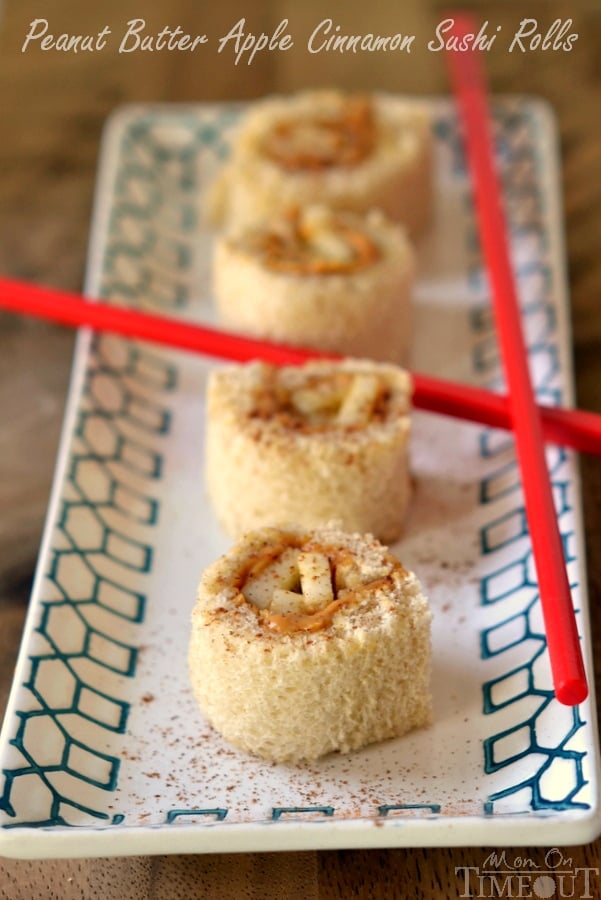 Peanut Butter Apple Cinnamon Sushi Rolls are the perfect snack or lunch for kids! | MomOnTimeout.com | #snack #lunch #recipe #peanutbutter