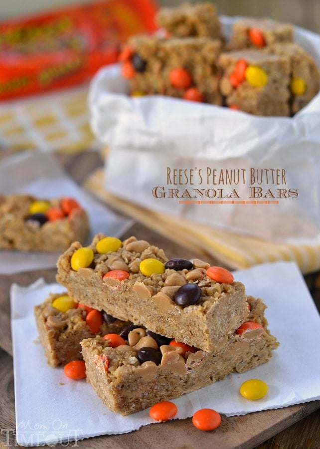 Easy no-bake Reese's Peanut Butter Granola Bars are hard to resist for kids and adults alike! | MomOnTimeout.com | #recipe #snacks #Reeses