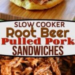 root beer pulled pork in slow cooker and on sandwich with center color block and text overlay.