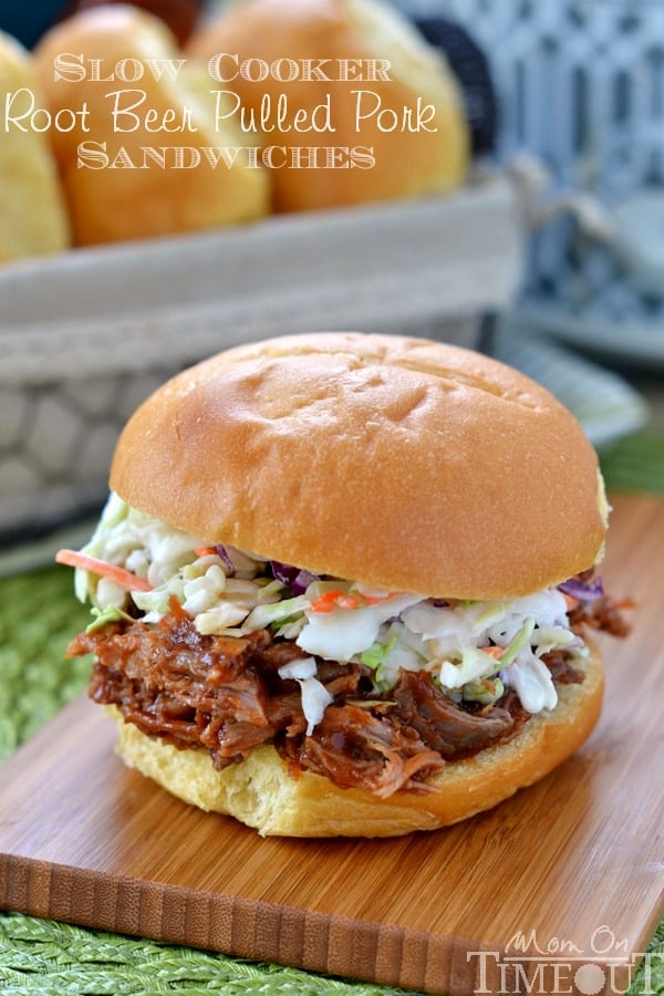 Slow Cooker Root Beer Pulled Pork Sandwiches! Dinner has never been easier or more delicious! Just four ingredients! Great for game day, busy weeknights, and potlucks! // Mom On Timeout #slowcooker #crockpot #sandwich #dinner