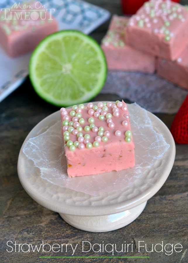 Strawberry Daiquiri Fudge - my favorite cocktail in fudge form - somebody hold me! | MomOnTimeout.com #fudge #recipe #strawberry