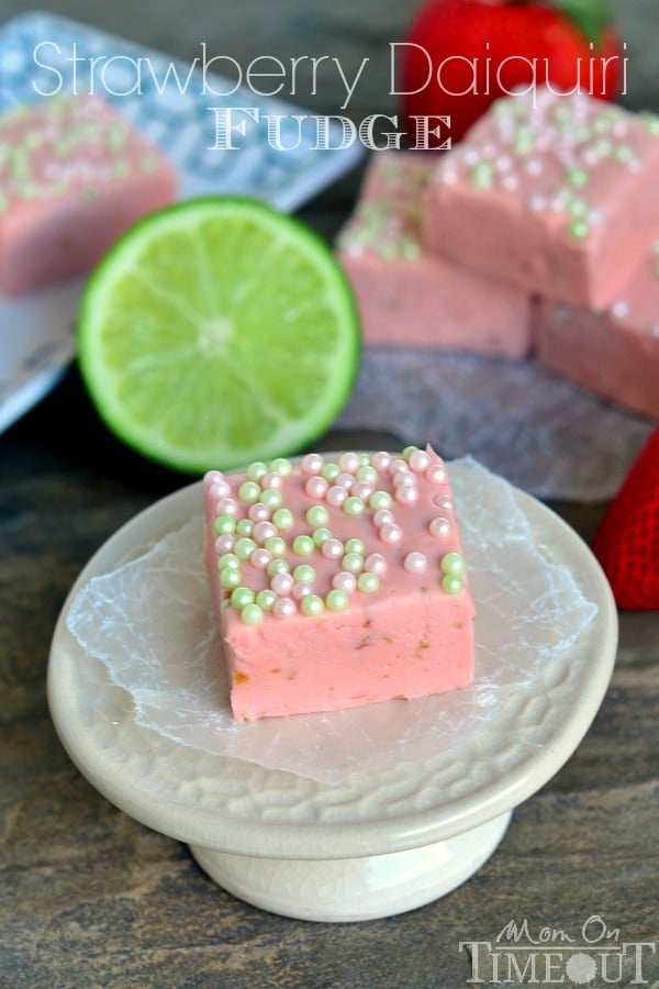 Strawberry Daiquiri Fudge - my favorite cocktail in fudge form - somebody hold me! | MomOnTimeout.com #fudge #recipe #strawberry