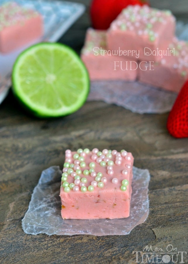 Strawberry Daiquiri Fudge - my favorite cocktail in fudge form - somebody hold me! | MomOnTimeout.com #fudge #recipe #strawberry