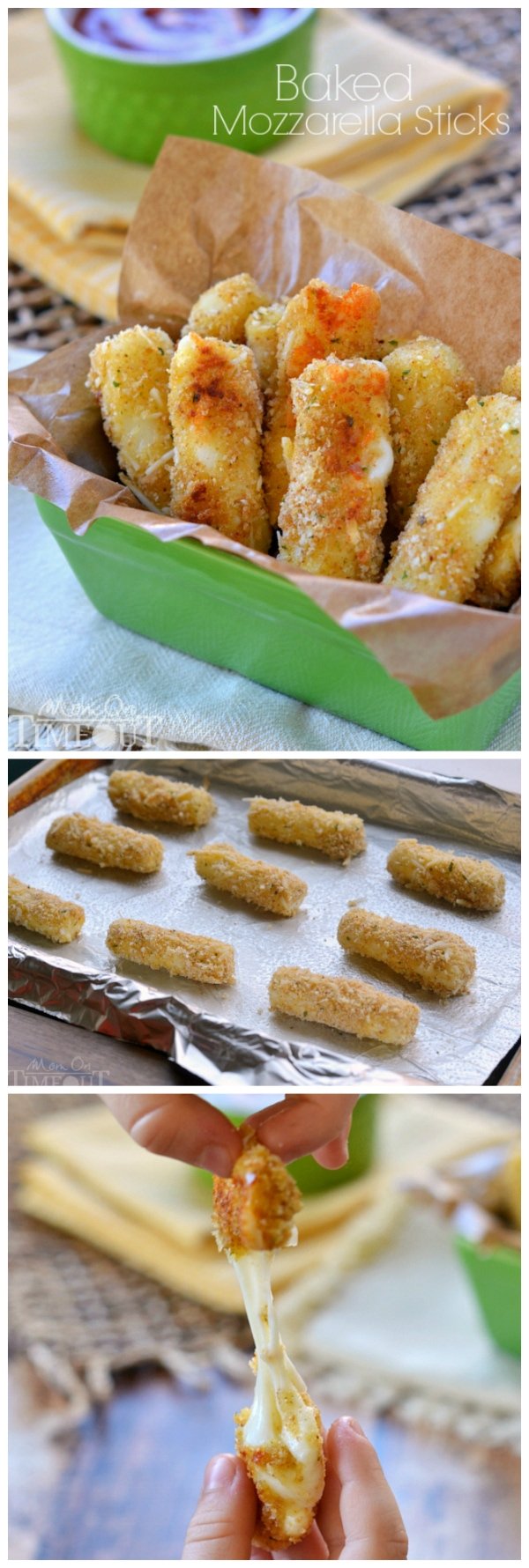 These Freezer-Friendly Baked Mozzarella Sticks are perfect for after-school snacks, late night munchies, and game day! | MomOnTimeout.com | #appetizer #cheese #recipe