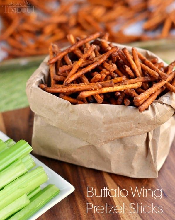 These Buffalo Wing Pretzel Sticks are the perfect snack to enjoy while watching the game! | MomOnTimeout.com | #recipe #appetizer #football #snack