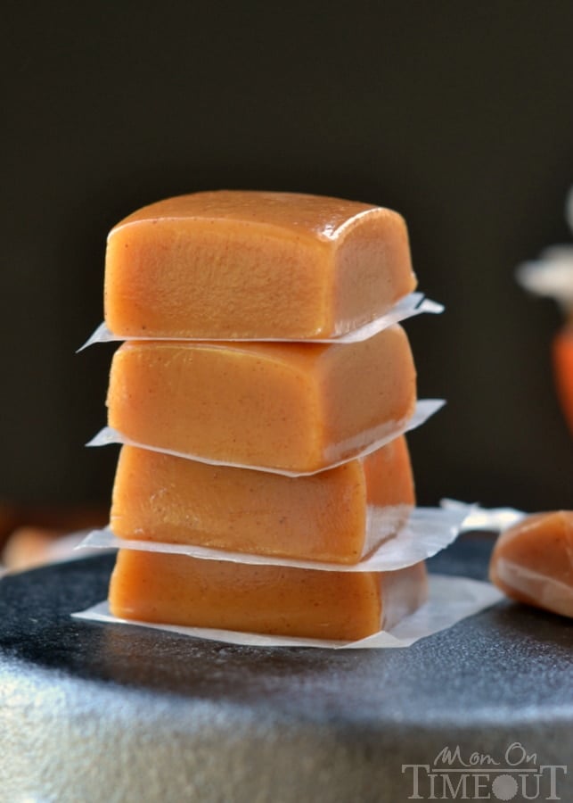 Soft, chewy, buttery, and perfectly spiced, these Pumpkin Spice Caramels are impossible to resist. A fabulous addition to your holiday festivities! // Mom On Timeout