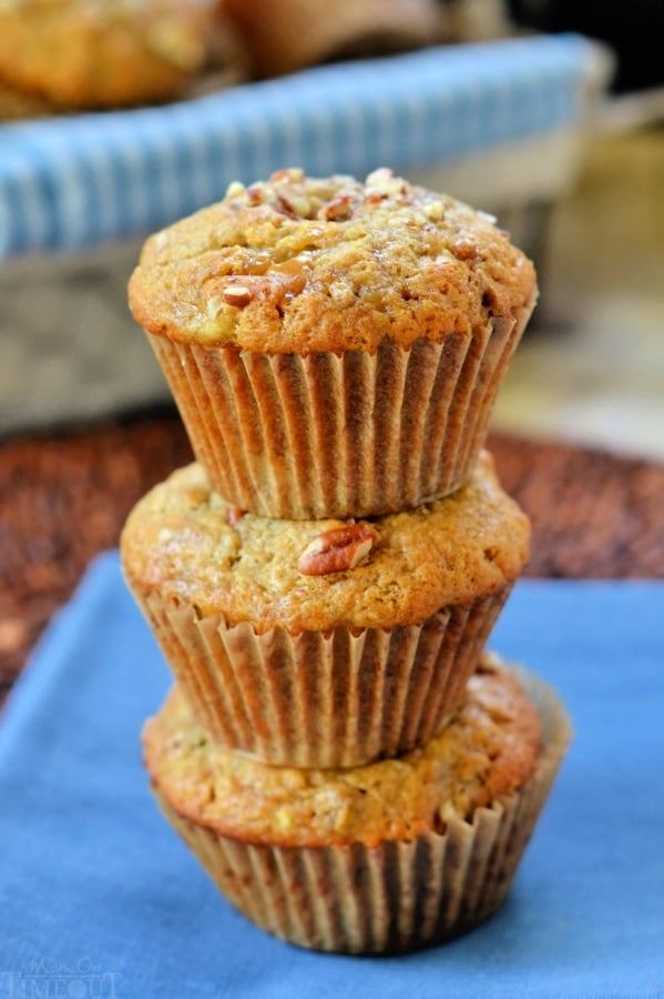 3 muffins stacked on blue napkin