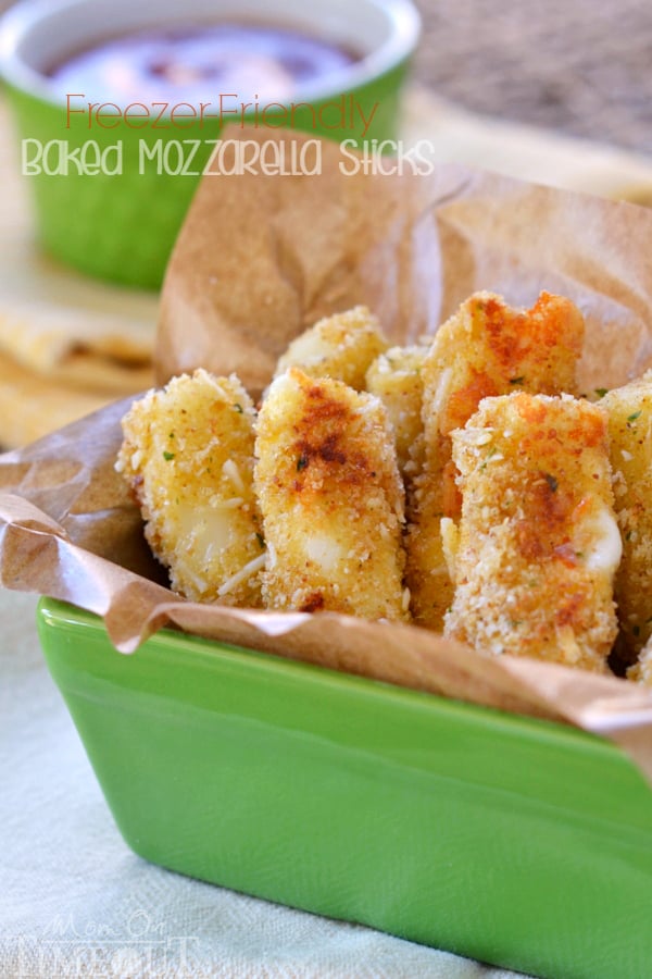 These Freezer-Friendly Baked Mozzarella Sticks are perfect for after-school snacks, late night munchies, and game day! | MomOnTimeout.com | #appetizer #cheese #recipe