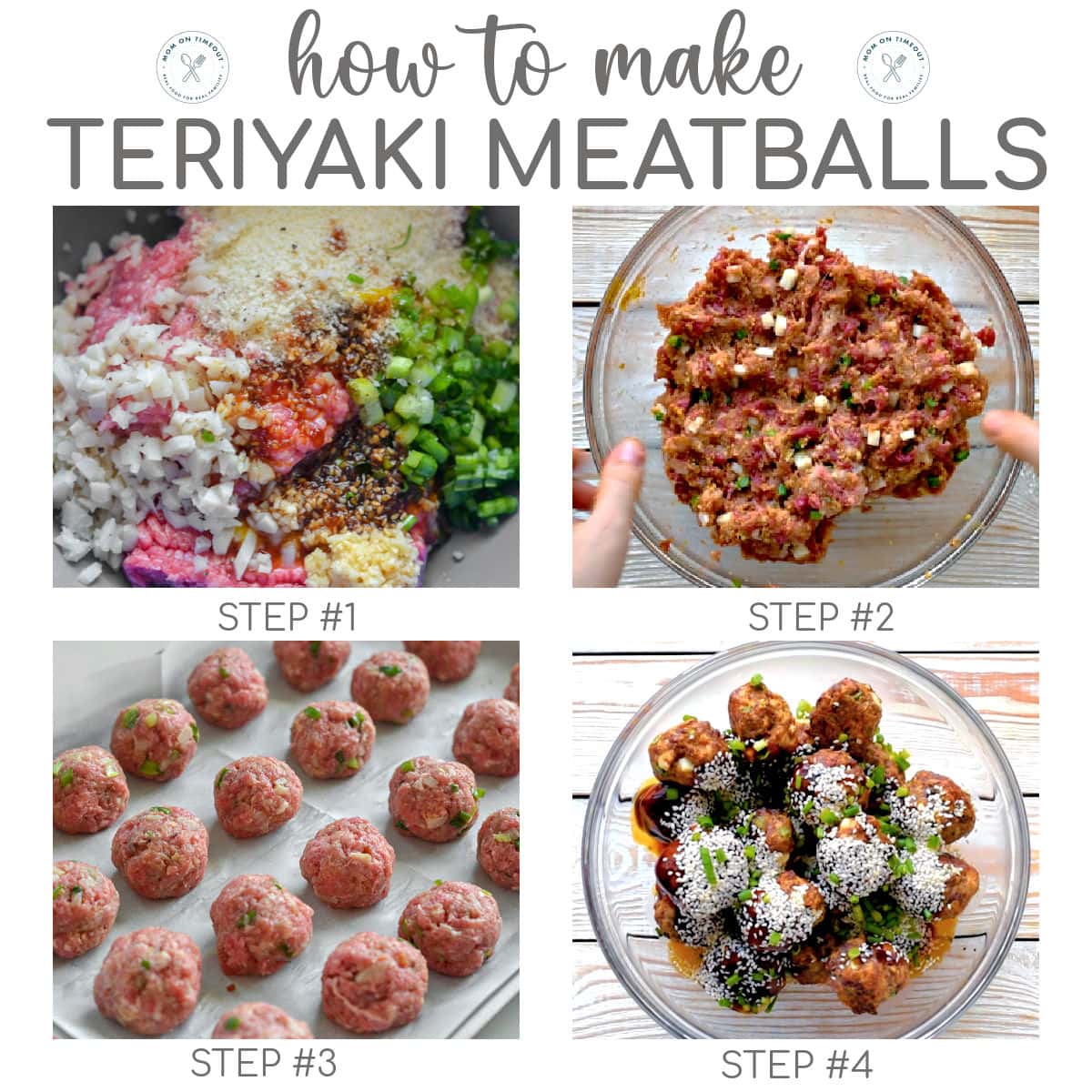 Four image collage showing how to make teriyaki meatballs. Text overlay at the top of the image.