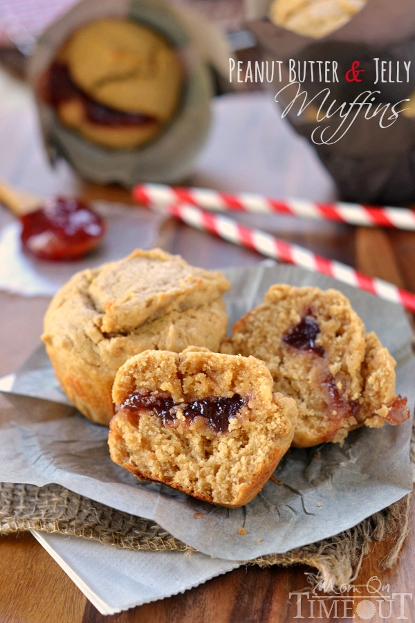 Fabulously moist Peanut Butter and Jelly Muffins make for a delicious and satisfying breakfast on-the-go or a great after-school snack! | MomOnTimeout.com | #recipe #breakfast #snack #peanutbutter