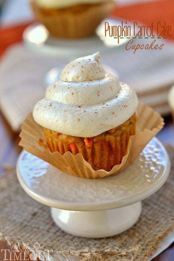 Pumpkin Carrot Cake Cupcakes with Maple Cream Cheese Frosting - the cupcakes you need to make this Fall! | MomOnTimeout.com | #dessert #recipe #pumpkin #maple #cupcakes