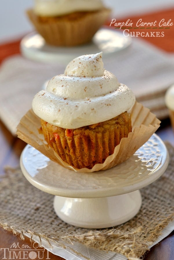 Pumpkin Carrot Cake Cupcakes with Maple Cream Cheese Frosting - the cupcakes you need to make this Fall! | MomOnTimeout.com | #dessert #recipe #pumpkin #maple #cupcakes