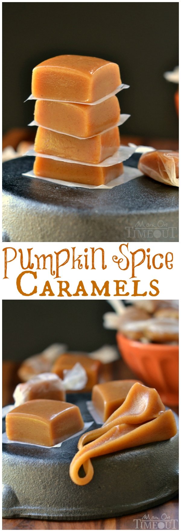 Soft, chewy, buttery, and perfectly spiced, these Pumpkin Spice Caramels are impossible to resist. | MomOnTimeout.com | #fall #candy #recipe #pumpkin