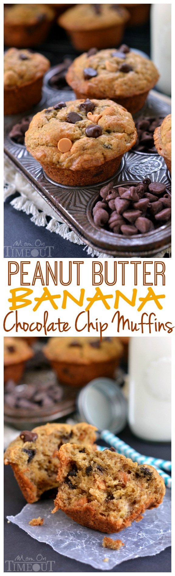 Incredibly moist and delicious Peanut Butter Banana Chocolate Chip Muffins packed with peanut butter flavor and sweet morsels of chocolate. For mornings when you just need a little chocolate. | MomOnTimeout.com | #recipe #breakfast