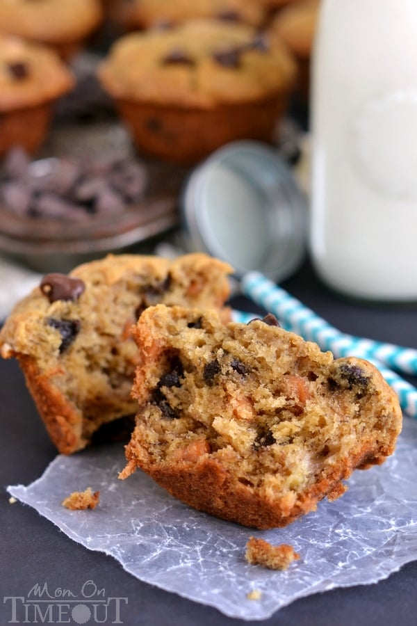 Incredibly moist and delicious Peanut Butter Banana Chocolate Chip Muffins packed with peanut butter flavor and sweet morsels of chocolate. For mornings when you just need a little chocolate. | MomOnTimeout.com | #recipe #breakfast