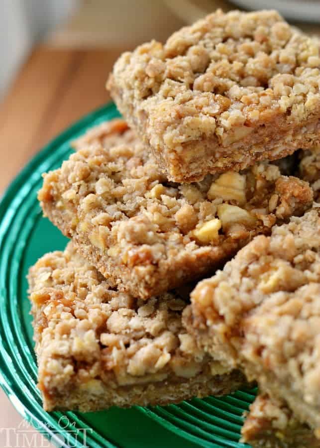  Caramel Apple Oat Bars are the perfect way to celebrate the season! Packed full of fresh apples, nuts and oozing with caramel, these bars are hard to resist! | MomOnTimeout.com | #dessert #recipe #fall #apple #caramel