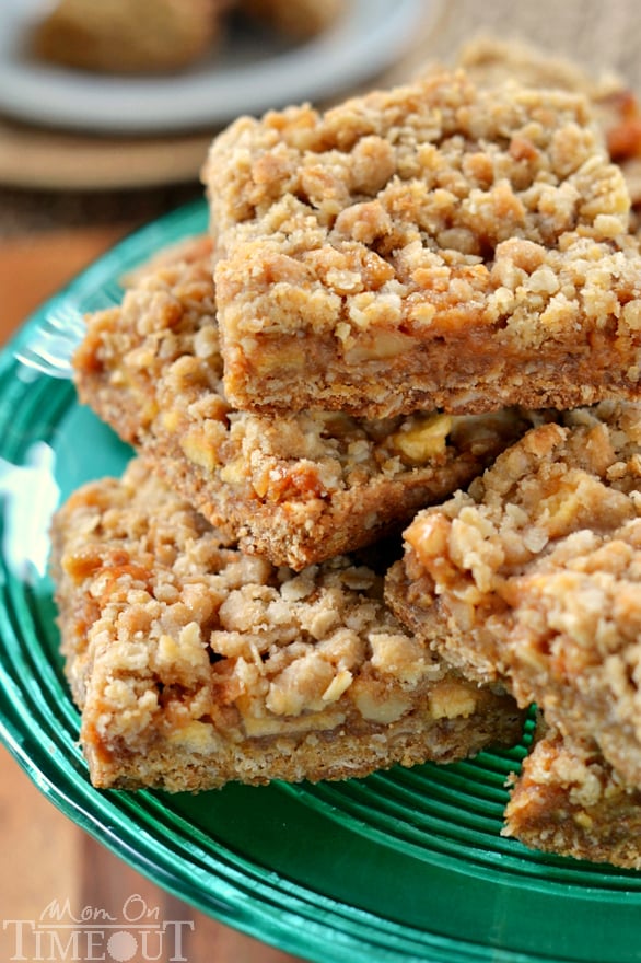  Caramel Apple Oat Bars are the perfect way to celebrate the season! Packed full of fresh apples, nuts and oozing with caramel, these bars are hard to resist! | MomOnTimeout.com | #dessert #recipe #fall #apple #caramel