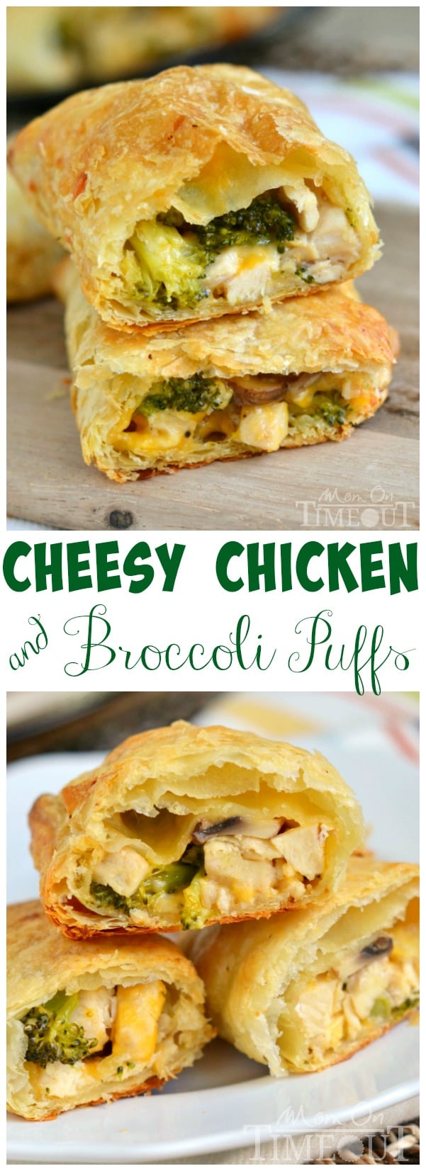 Cheesy Chicken and Broccoli Puffs for the dinner win! Made with rotisserie chicken and puff pastry, these puffs are delightfully easy to make and are a cheesy favorite with the family! | MomOnTimeout.com | #dinner #recipe #chicken