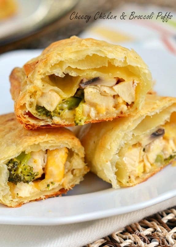 Cheesy Chicken and Broccoli Puffs for the dinner win! Made with rotisserie chicken and puff pastry, these puffs are delightfully easy to make and are a cheesy favorite with the family! | MomOnTimeout.com | #dinner #recipe #chicken