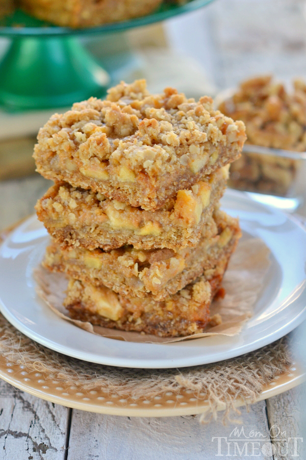  Caramel Apple Oat Bars are the perfect way to celebrate the season! Packed full of fresh apples, nuts and oozing with caramel, these bars are hard to resist! | MomOnTimeout.com | #dessert #recipe #fall #apple #caramel