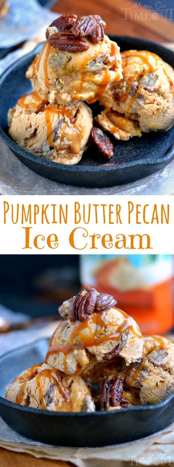 Get dessert ready ahead of time! This Pumpkin Butter Pecan Ice Cream with Caramel Ribbons doesn't require a machine and is loaded with amazing pumpkin flavor! | MomOnTimeout.com | #dessert #icecream #pumpkin #caramel #Thanksgiving