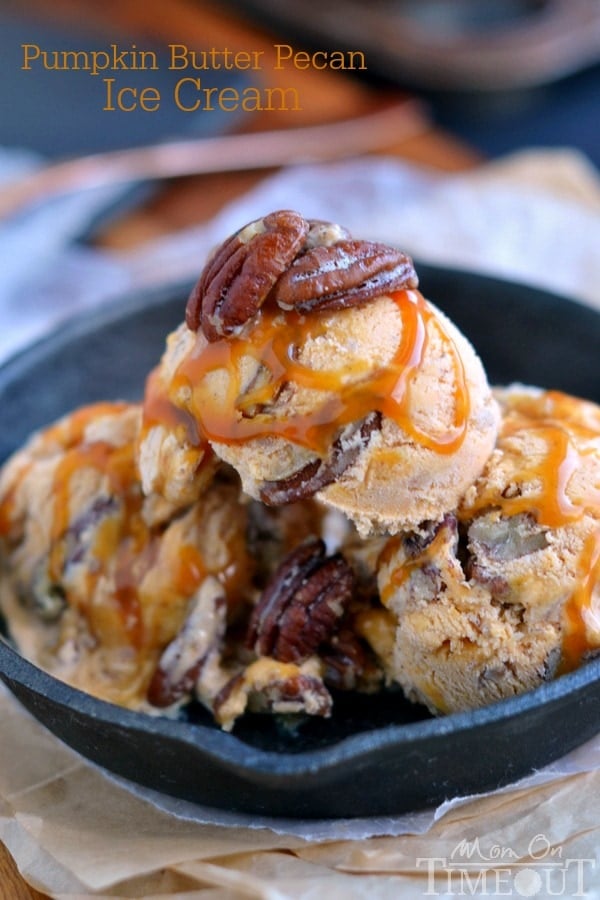 Get dessert ready ahead of time! This Pumpkin Butter Pecan Ice Cream with Caramel Ribbons doesn't require a machine and is loaded with amazing pumpkin flavor! | MomOnTimeout.com | #dessert #icecream #pumpkin #caramel #Thanksgiving #IDelight