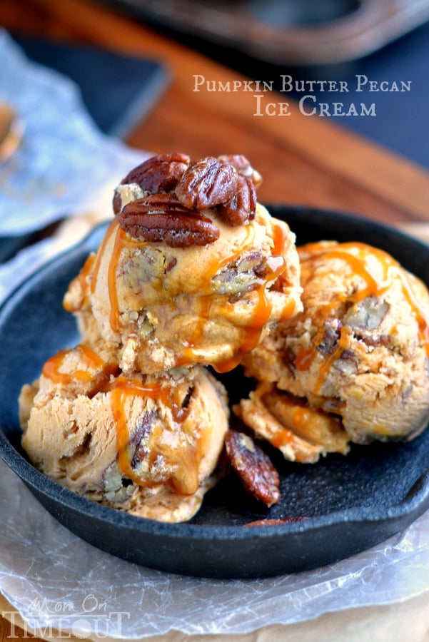 Get dessert ready ahead of time! This Pumpkin Butter Pecan Ice Cream with Caramel Ribbons doesn't require a machine and is loaded with amazing pumpkin flavor! | MomOnTimeout.com | #dessert #icecream #pumpkin #caramel #Thanksgiving #IDelight