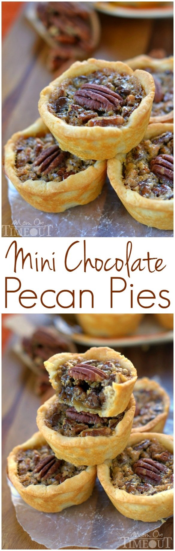 These Mini Chocolate Pecan Pies are a dream come true for the holidays! Sweet chocolate morsels are the perfect addition to traditional pecan pie and everybody loves this mini version! | MomOnTimeout.com | #dessert #Challenge Butter #PinaRecipeFeedaChild 