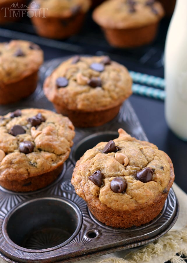 Incredibly moist and delicious Peanut Butter Banana Chocolate Chip Muffins packed with peanut butter flavor and sweet morsels of chocolate. For mornings when you just need a little chocolate. | MomOnTimeout.com | #recipe #breakfast