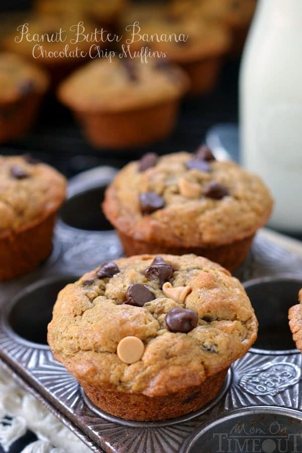 Incredibly moist and delicious Peanut Butter Banana Chocolate Chip Muffins packed with peanut butter flavor and sweet morsels of chocolate. For mornings when you just need a little chocolate. | MomOnTimeout.com | #recipe #breakfast