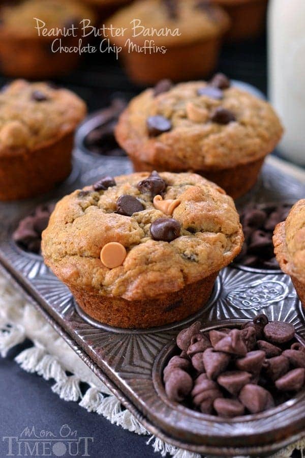 Incredibly moist and delicious Peanut Butter Banana Chocolate Chip Muffins packed with peanut butter flavor and sweet morsels of chocolate. For mornings when you just need a little chocolate. | MomOnTimeout.com | #recipe #breakfast