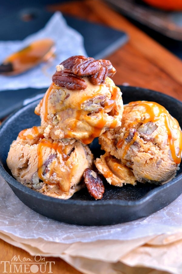Get dessert ready ahead of time! This Pumpkin Butter Pecan Ice Cream with Caramel Ribbons doesn't require a machine and is loaded with amazing pumpkin flavor! | MomOnTimeout.com | #dessert #icecream #pumpkin #caramel #Thanksgiving